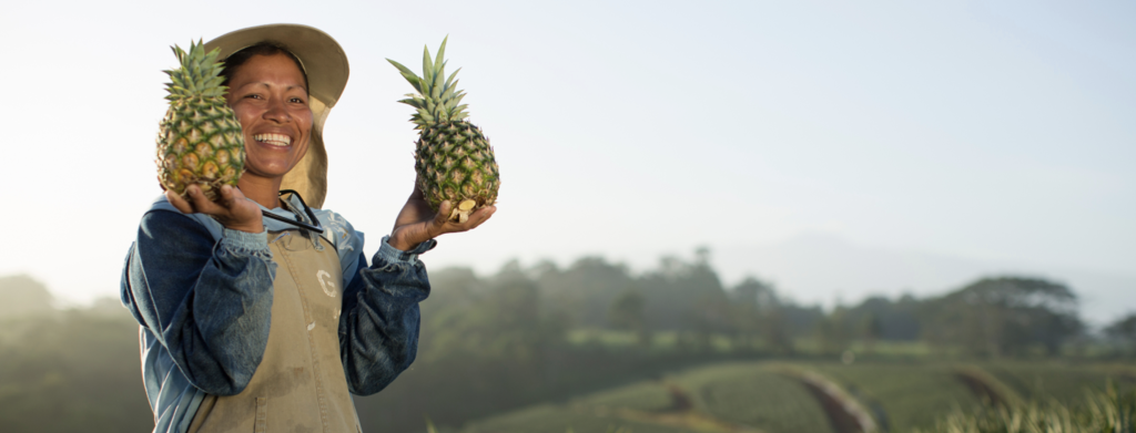 An image of a lady holding pineapples