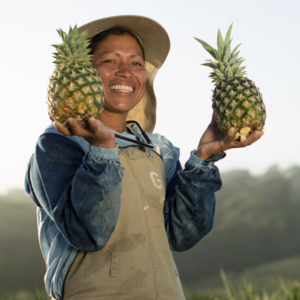 An image of a lady holding pineapples