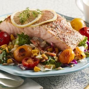 Baked Lemon Salmon with Corn and Tomatoes