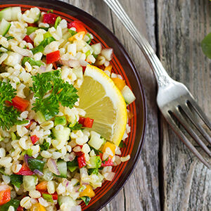 bulgur wheat with pineapple pecans and basil