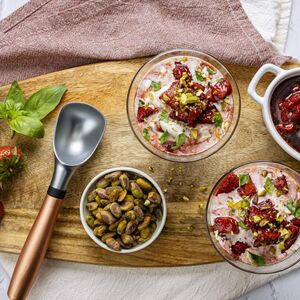 Dole basil cashew vegan sundaes with strawberry balsamic sauce