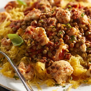 Stewed Cauliflower & Lentils Over Spaghetti Squash