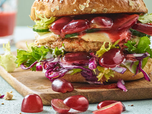 Grilled chicken burger with grape ketchup