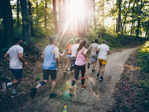 Group running down trail