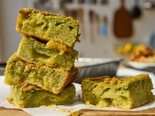 Matcha Mochi Cake with Pineapple Swirl slices on a plate