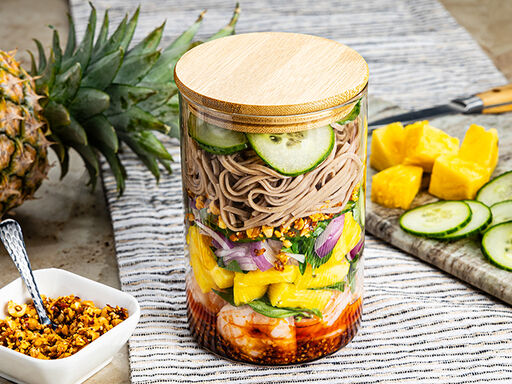 Cold Pineapple Shrimp Noodle Jars with Peanut Chili Crunch