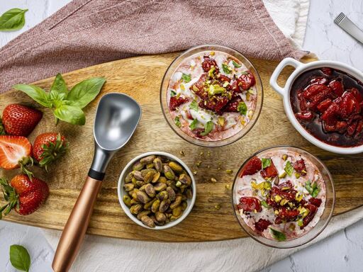 Dole basil cashew vegan sundaes with strawberry balsamic sauce