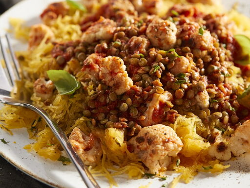 Stewed Cauliflower & Lentils Over Spaghetti Squash