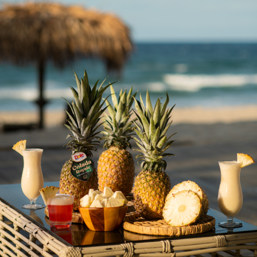 Colada Royal pineapples places in a table in a beach
