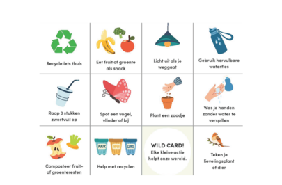 Dole "Eco Quest Bingo"-poster met een raster van opdrachten voor milieuvriendelijke activiteiten.