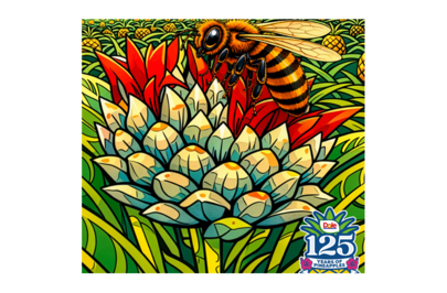 Illustration of a bee pollinating a tropical flower in a pineapple field with mountains in the background.