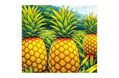 Colorful illustration of ripe pineapples growing in a lush tropical field under a blue sky.