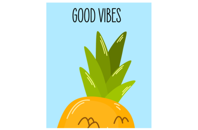 Minimalist illustration of a pineapple with the text “Good Vibes” on a blue background.