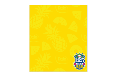 Bright yellow background with subtle pineapple and fruit pattern and anniversary logo.