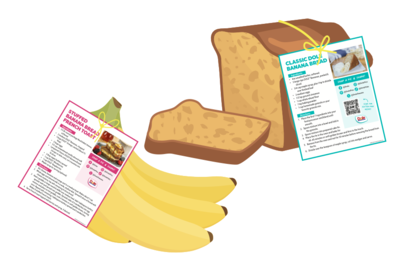 The image shows an illustration consisting of a bunch of bananas and a sliced of piece of banana bread and a loaf of banana bread as well as mock ups of gift tags